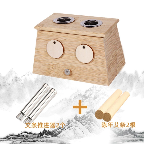 Two-hole bamboo moxibustion box + 2 pushers + 2 aged moxa sticks