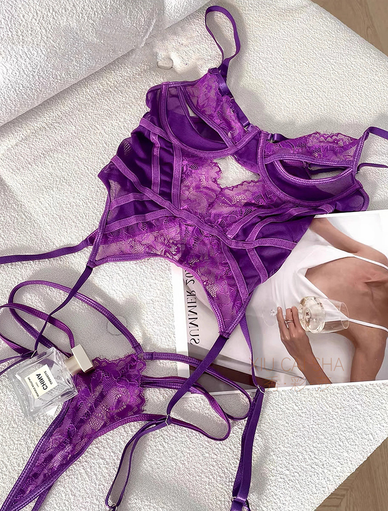 Purple Lace Maid Uniform Lingerie Set with Garters, Gloves and Stockings — detail image 18