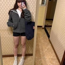 2025秋冬新款灰色双拉链开衫拼接格纹连帽毛衣外套女慵懒宽松上衣
