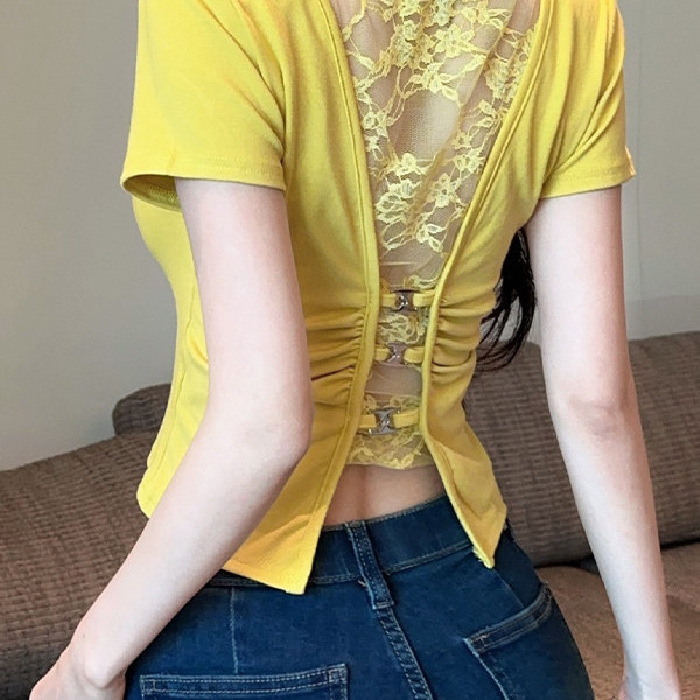 短款设计上衣女小众露脐短袖镂空蕾丝露辣妹拼接修身显瘦后背T恤|undefined