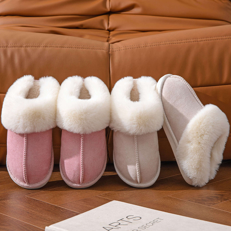 Cross-Border Hot-Selling Fur Slippers with Large Fur Trim, Plush and Warm Cotton Slippers for Winter Home Use, Comfortable and Non-Slip for Couples