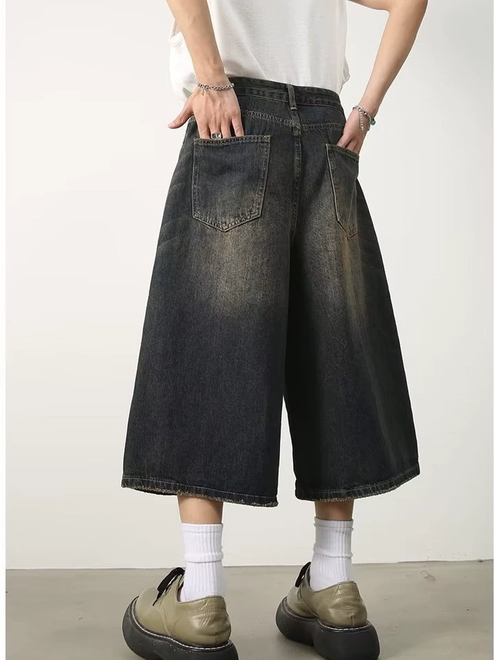 Retro denim wide-leg culottes, women's loose straight fit, summer American style, multiple sizes
