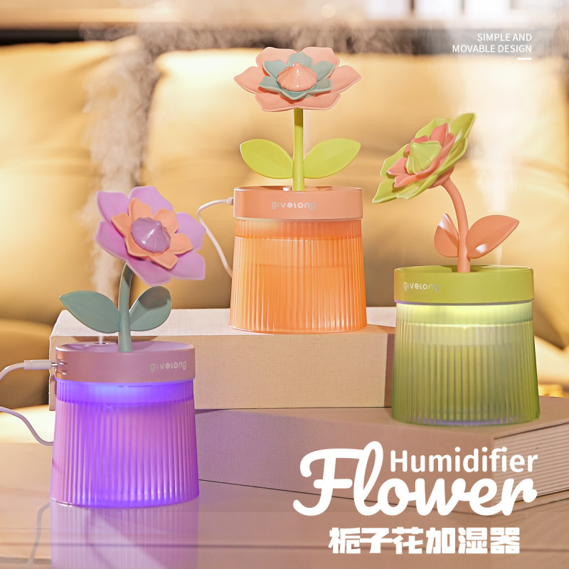 栀子花朵加湿器家用卧室宿舍伴睡氛围灯大雾量水器趣味景观喷雾器|undefined