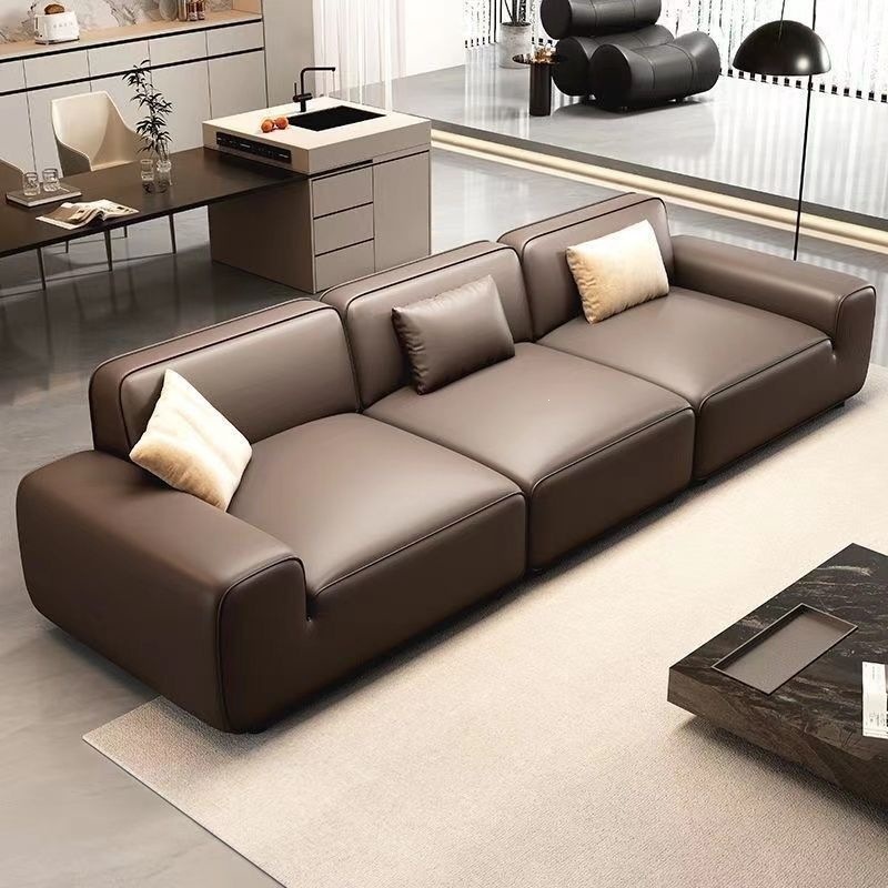 Solid wood sofa, large black cowhide, Italian-style genuine leather, for reception areas and offices, now in a minimalist black light-luxury cowhide straight-line sofa design