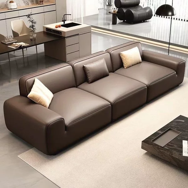 Solid wood sofa, large black cowhide, Italian-style genuine leather, for reception areas and offices, now in a minimalist black light-luxury cowhide straight-line sofa design