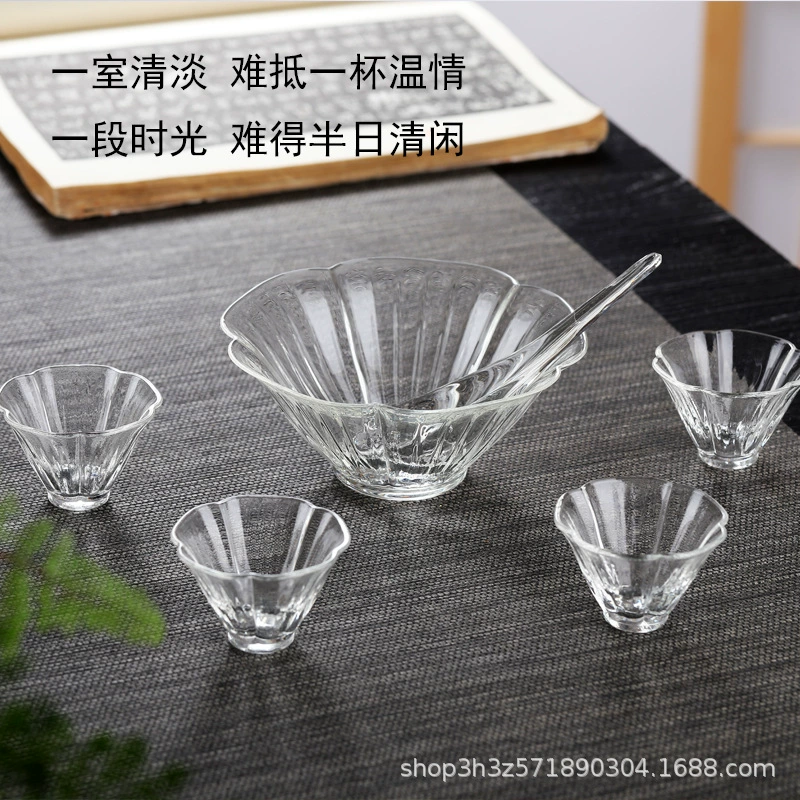 Hammered glass tea ceremony lotus bowl for blooming and brewing, tea spoon set for matcha and gongfu tea ritual