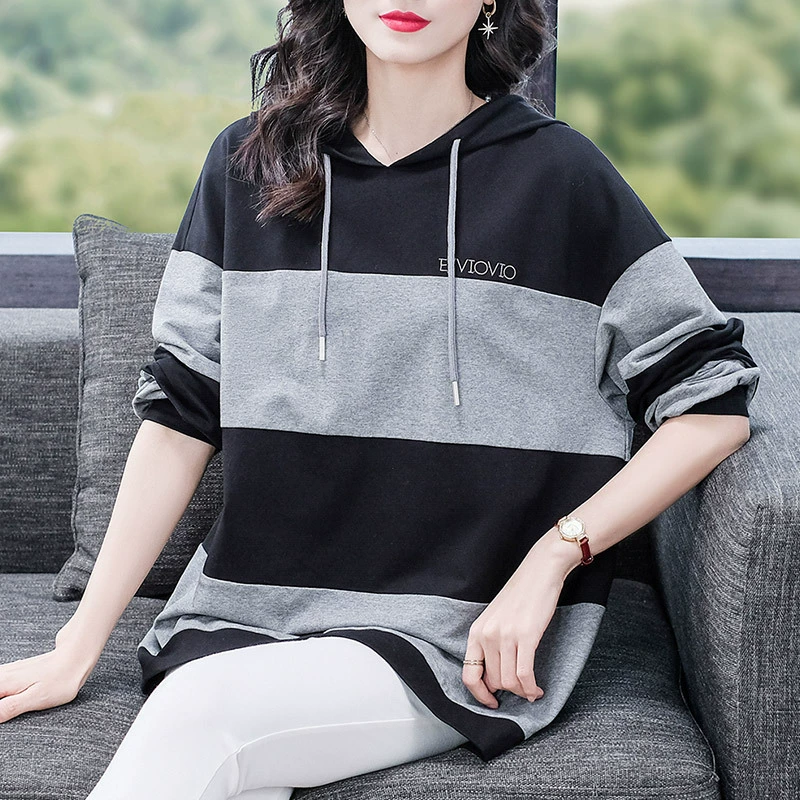 Женская одежда больших размеров для полных, среднего и пожилого возраста, свободная универсальная полосатая Приталенная толстовка с капюшоном и длинными рукавами в западном стиле