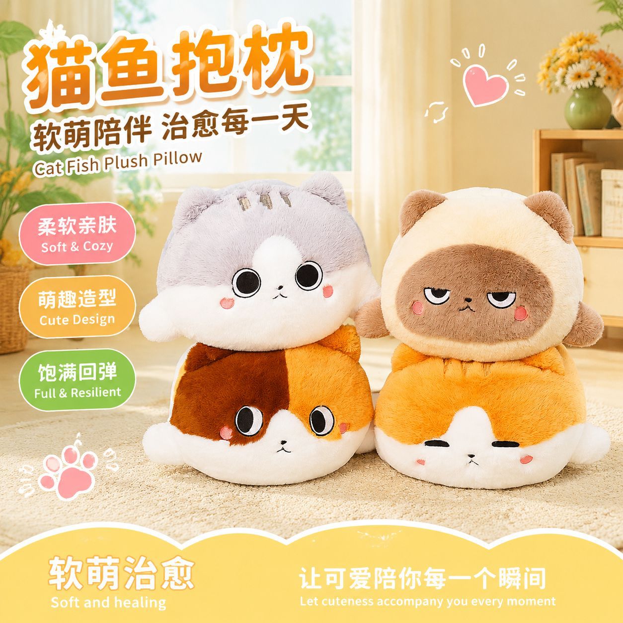 批发赛特嘟嘟创意猫鱼抱枕软萌可爱软乎乎毛绒玩偶卧室装饰抱枕