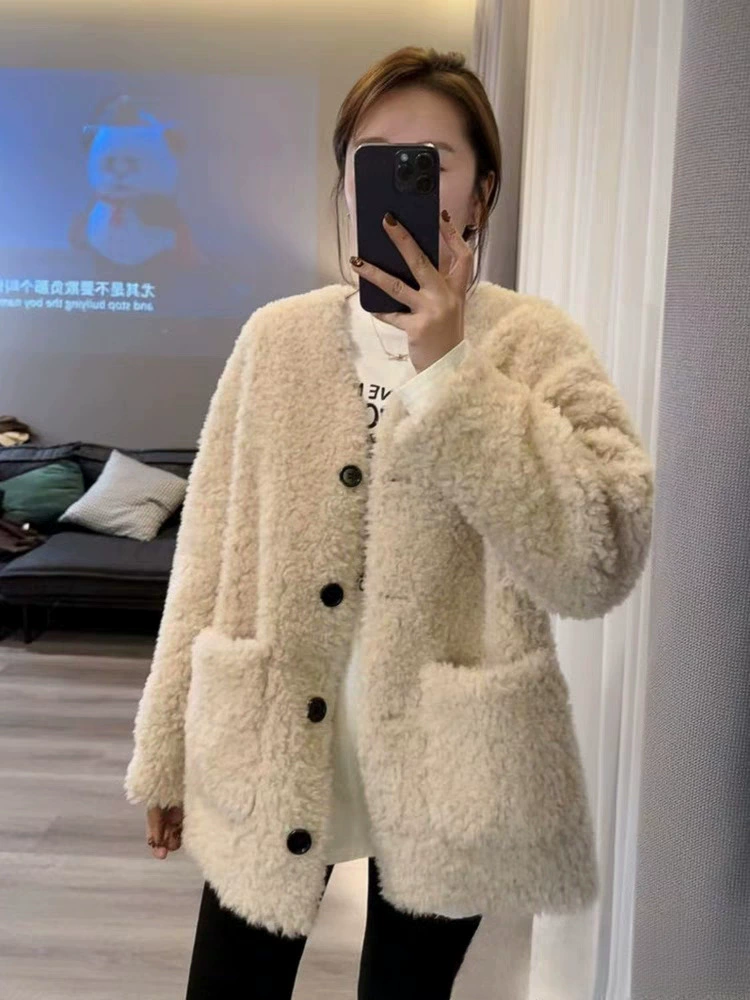 Демисезонное oversize Teddy-шерсть пальто, корейский стиль, V-образный вырез, высококачественный плюш, черный/серый/слоновая кость