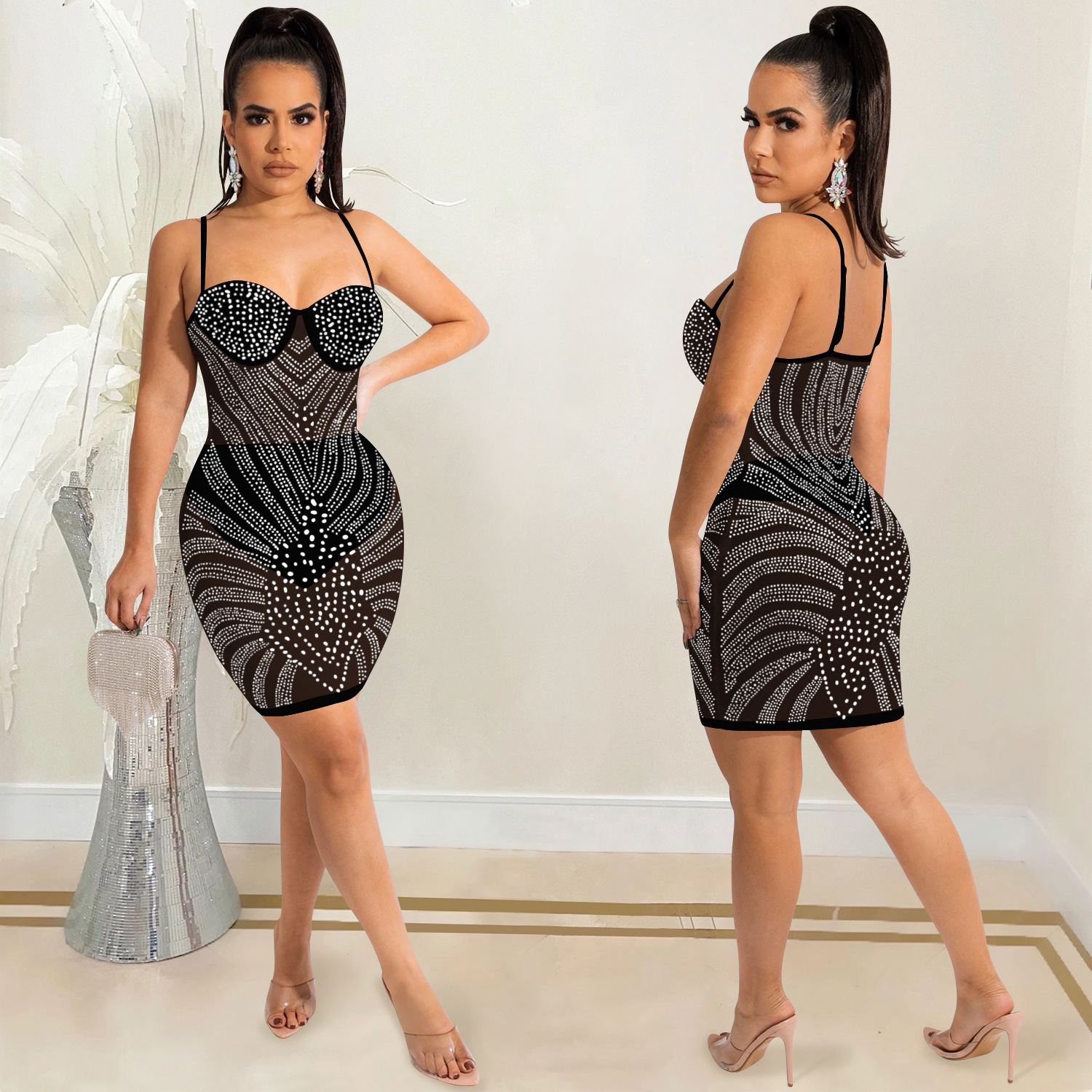 X5650 transfronteriza AliExpress moda nuevo rhinestone malla transparente sexy sling sin mangas vestido de midi vestido de las mujeres