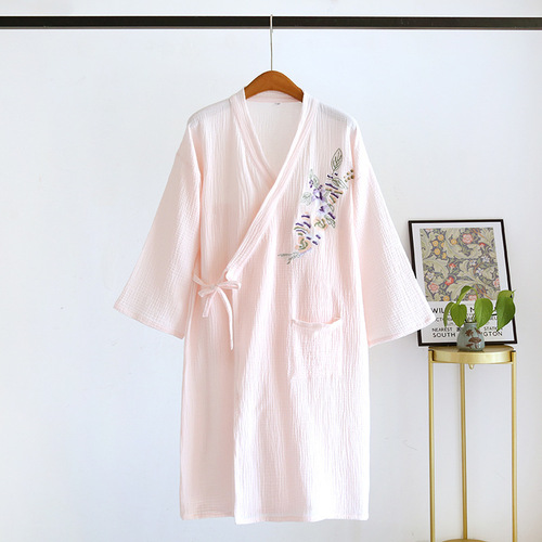 Japanese women's pajamas, pure cotton gauze nightgown, summer thin nightgown, Chinese style Hanfu embroidered bathrobe, steaming suit