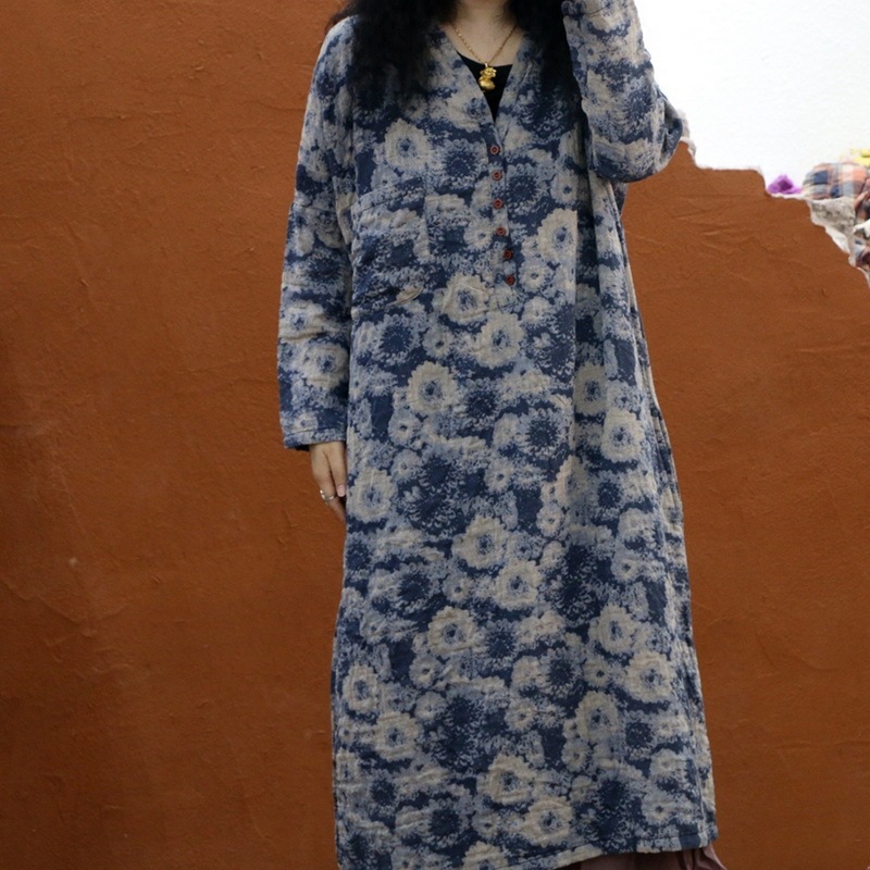 Artistic Design Sense Women's Plus Size Printed Loose Dress Cotton Linen Long Sleeve Long Gown Cotton Linen Dress