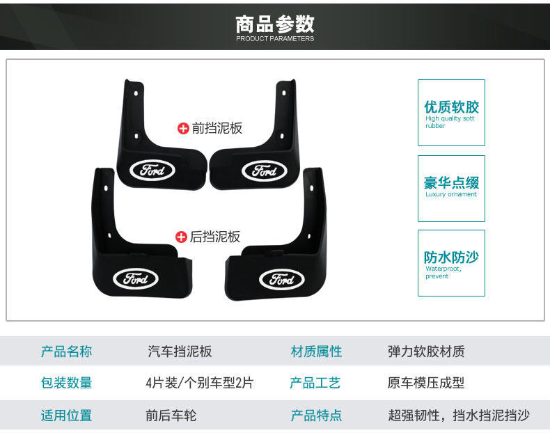 Ford Focus, Escape, Edge, Kuga, Fiesta, Mondeo, Explorer, Mud Flaps