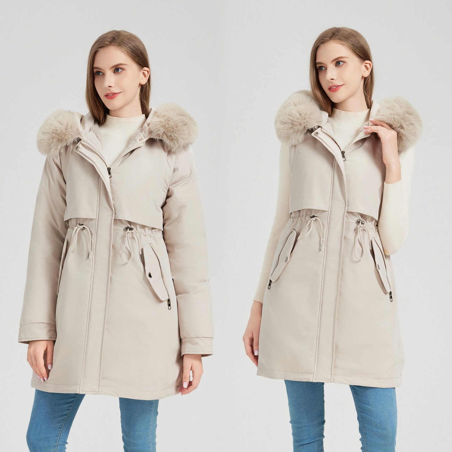 Nuevo comercio exterior cuello de cabello largo medio para superar la ropa de algodón de mujer desmontable manga de algodón grueso abrigo de invierno cálido image 4