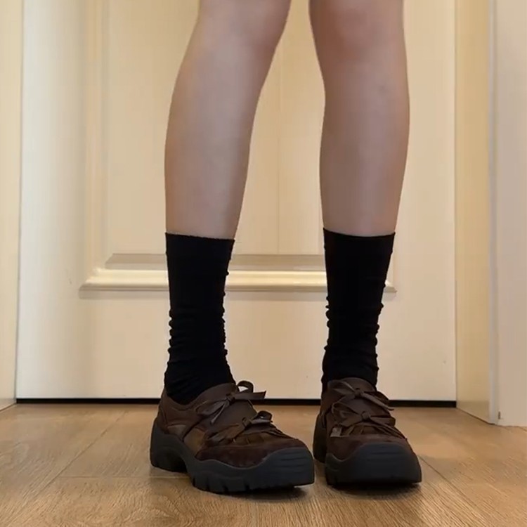 澜柜版~小众芭蕾风蝴蝶结运动乐福鞋女复古绒面一脚蹬厚底小皮鞋|undefined