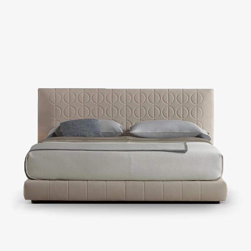 Curtis Copper Coin Bed: Minimalist Designer, Matte Fabric, Italian-Style Modern Luxe&mdash;Perfect for a Master Bedroom, Featuring Elegant Double-Sided Embroidery on Premium Leather.