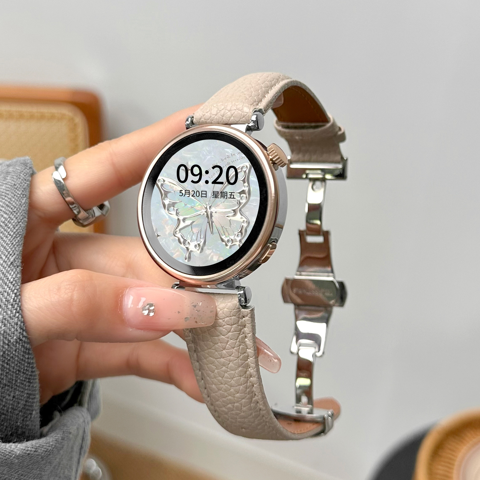 Suitable for Huawei Gt6 Watch Strap Gt5Pro Classy Watch5 Women's Gt5432Pro Butterfly Buckle Pebbled Leather