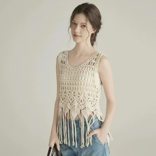 Bohemian Ethnic Style Hooded Top Women's Summer Knitted Outerwear Sleeveless Crochet Cardigan Fringe Mesh Lace Hollow Out Top 