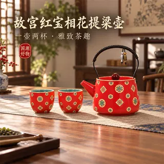 故宫红宝相花提梁茶壶一壶两杯陶瓷茶具家用功夫泡茶套装