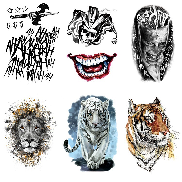 European and American clown mouth flower body English color lion Tiger half arm animal pattern water transfer simulation tattoo paste