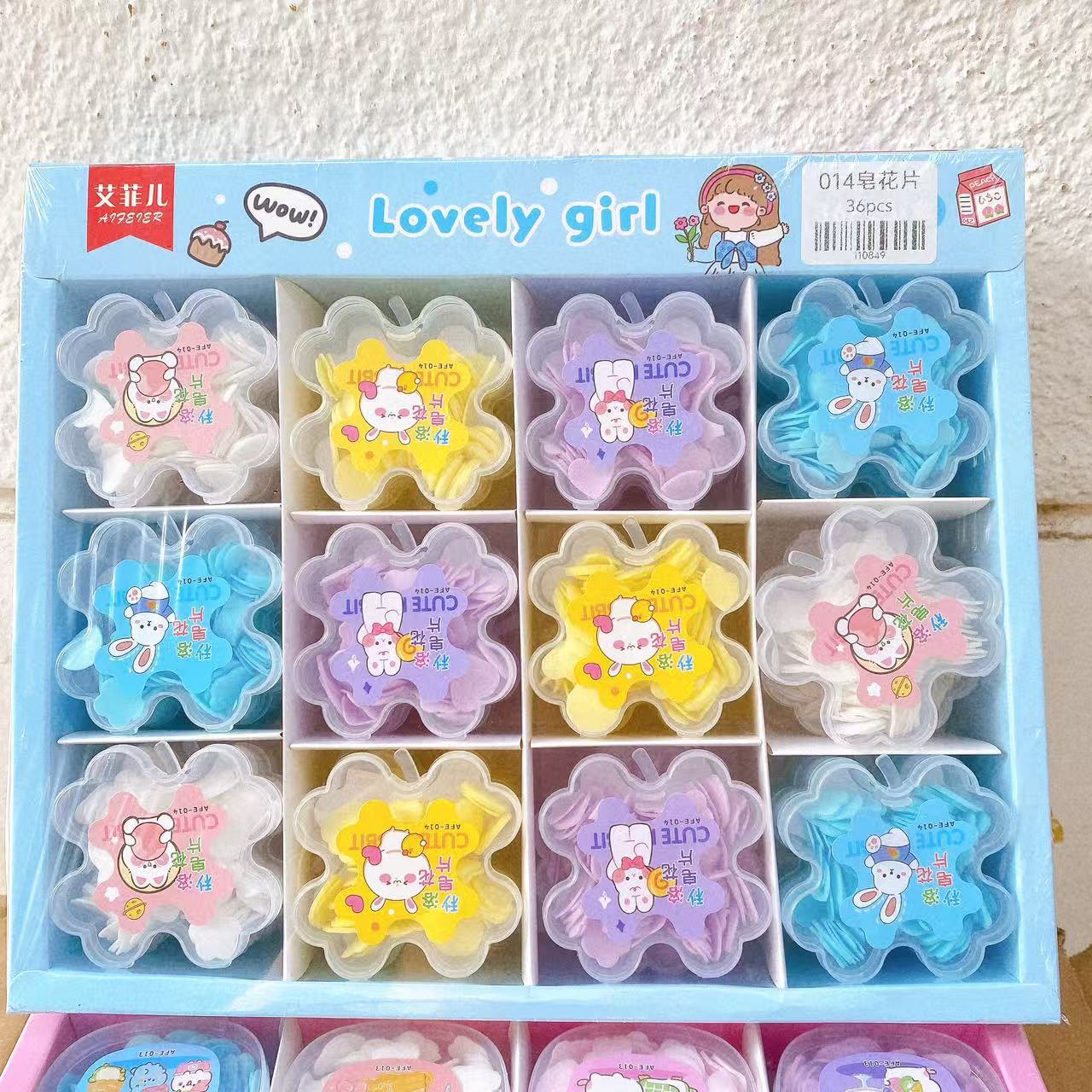 Tabletas de flor de jabón de dibujos animados en caja de jabón desechable de color portátil para llevar a los estudiantes a lavarse las manos, flores de jabón, viajes claros image 3