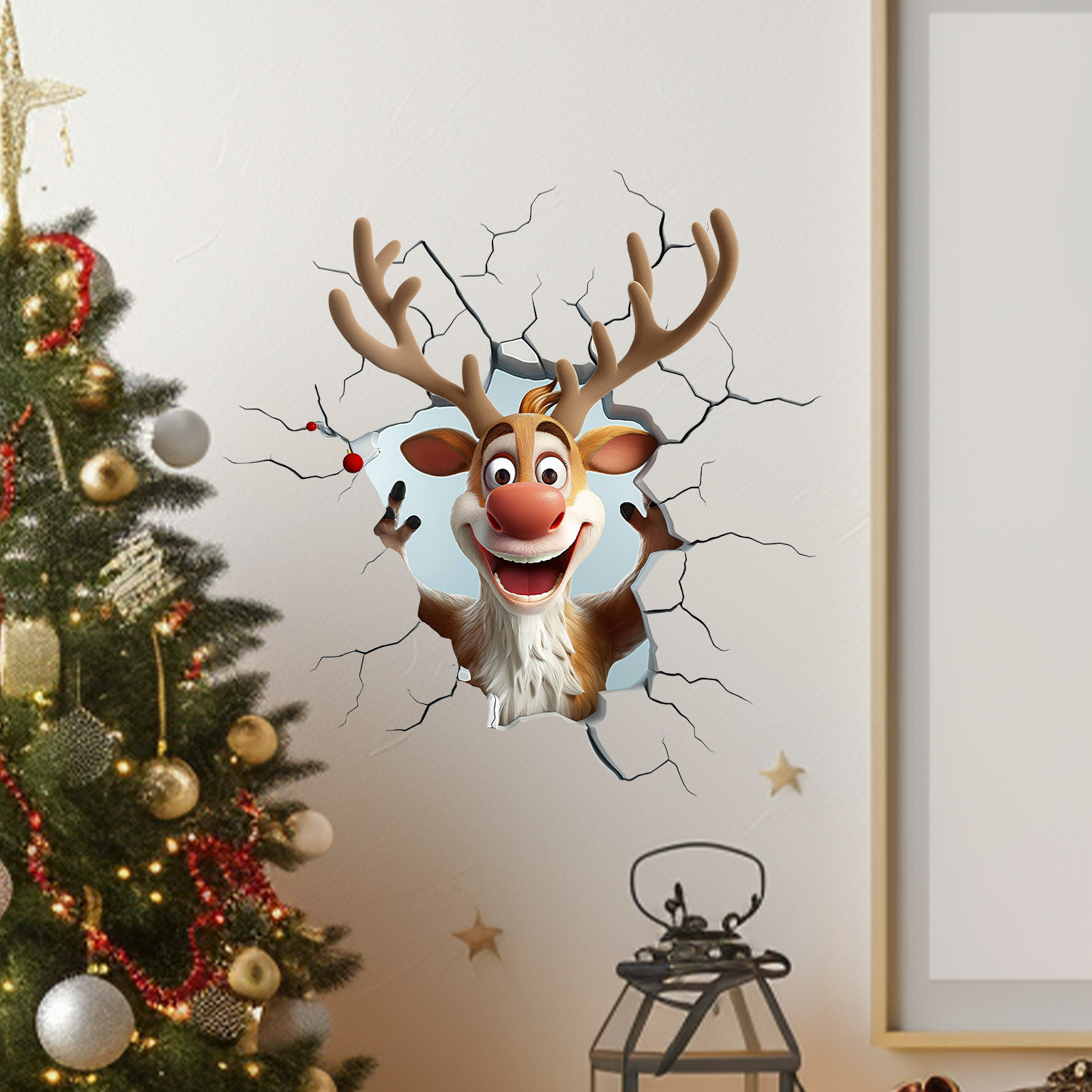Creatieve 3D-muursticker met cartoonachtige rendieren voor een feestelijke kerstsfeer in de woonkamer. Decoratieve PVC-muursticker._voghion.com