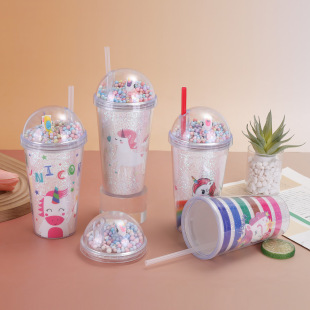 Cartoon Pony Polly Unicorn Suction Tube Cup Double-Layer Thickened Drop-Resistant Plastic Water Cup Summer High-Value Coffee Cup