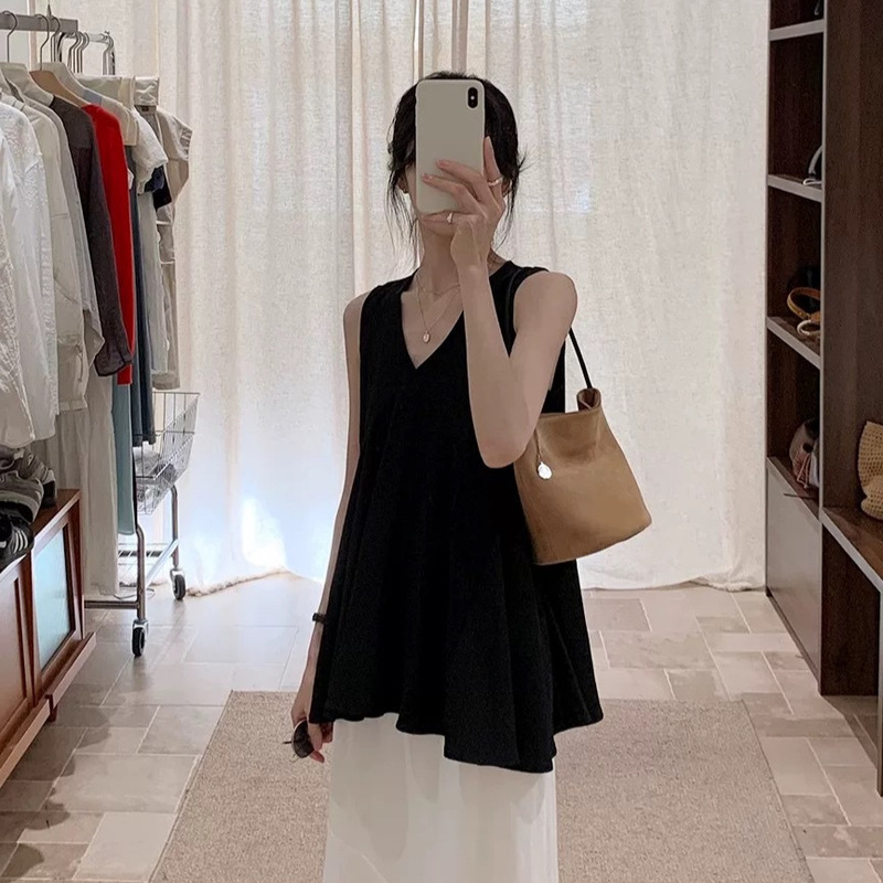 Korean Black Irregular Vest Shirt 2025 Summer French Shirt Design Niche Top