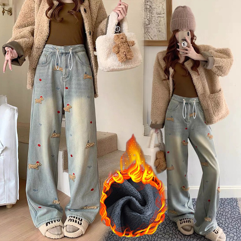 Thick Velvet Warm Maternity Jeans for Outer Wear in Autumn and Winter Drawstring Loose Slimming Straight Wide Leg Pants with Drape