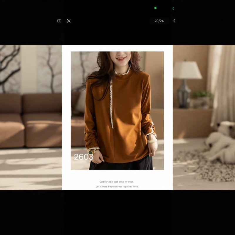 2026 Autumn New Fashionable Plus Size Long Sleeve Thermal Base Shirt for Women with Stand Collar and Lace Trim Trendy Top 2603