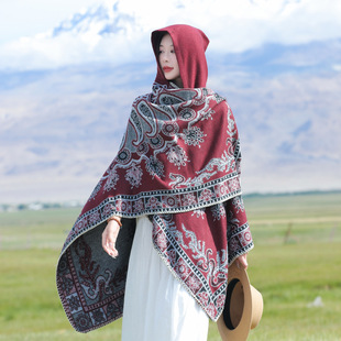 Ethnic Style Shawl Cape Bohemian Hat Scarf Thick Cloak for Women Warm Xinjiang Xizang Northwest Qinghai