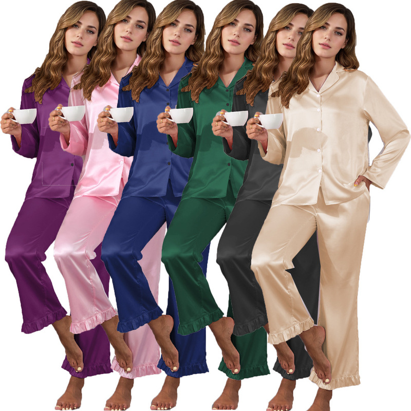 European and American 2026 New Style Faux Silk Sleepwear with Elastic Band, Cross-Border Satin Plus-Size Loungewear Women's Pajama Set European and American 2026 New Style Faux Silk Sleepwear with Elastic Band, Cross-Border Satin Plus-Size Loungewear Women's Pajama Set