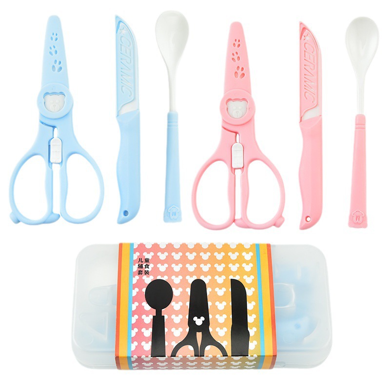 Cuchillo de frutas de cerámica fácil de almacenar conjunto de tijeras de alimentos complementarios de tres piezas conjunto de tijeras de cerámica caja de sellado de plástico