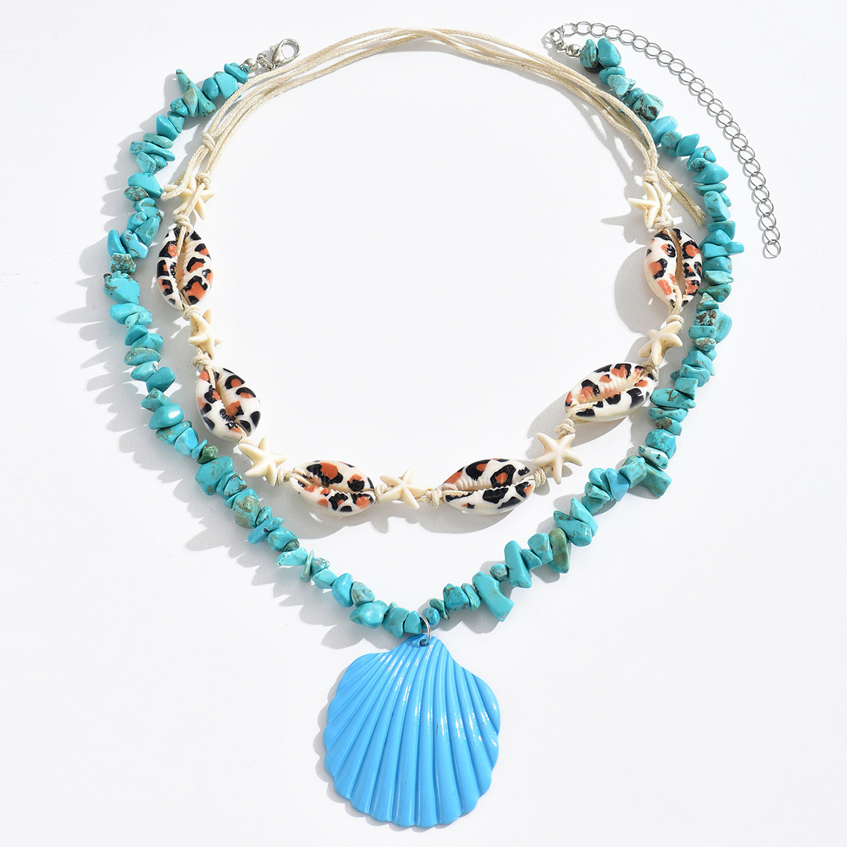 Blue Shell Layered Necklace For Summer Vacation Style_voghion.com
