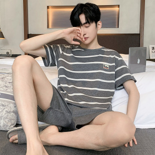 Summer new men's short-sleeved pajamas suit knitted cotton casual comfortable loose plus size Young Men's Home wear