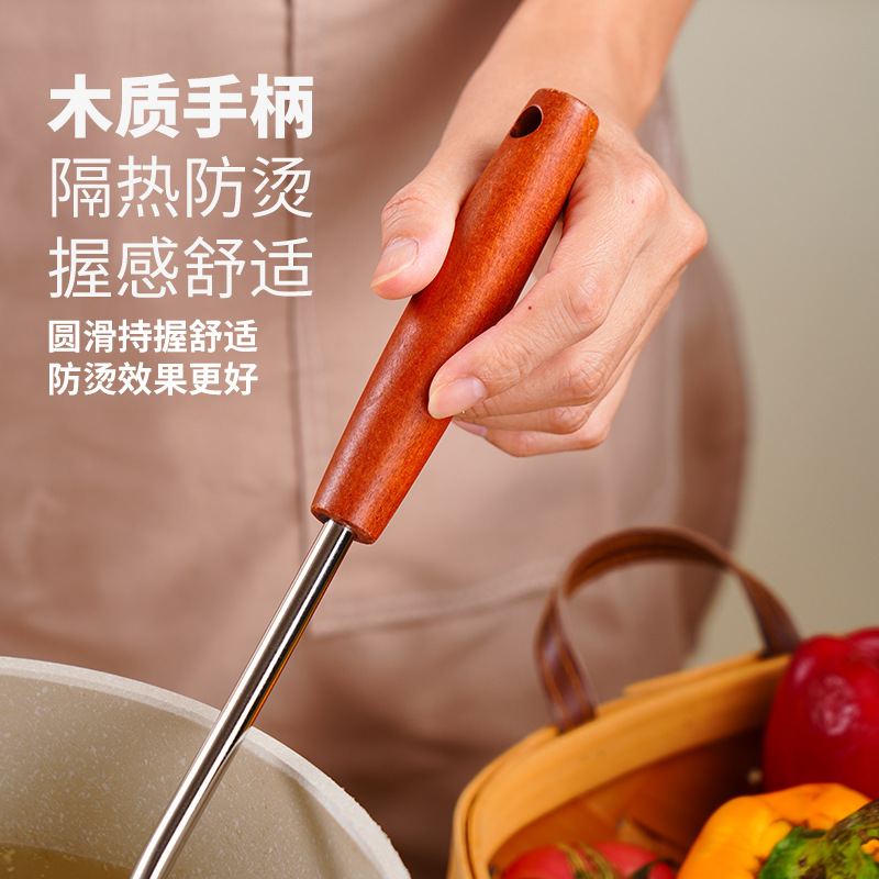 Colador de acero inoxidable, mango de madera, olla caliente doméstica, cuchara de fideos, filtro de freír de cocina, fuga de malla, colador grande, aceite de filtro