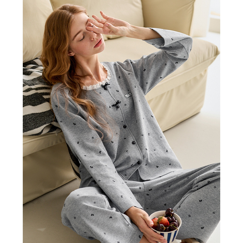 [수면면] 봄 · 가을 새 여성 잠옷 긴팔 둥근 목 카디건 캐주얼 플러스 사이즈 면 홈 옷