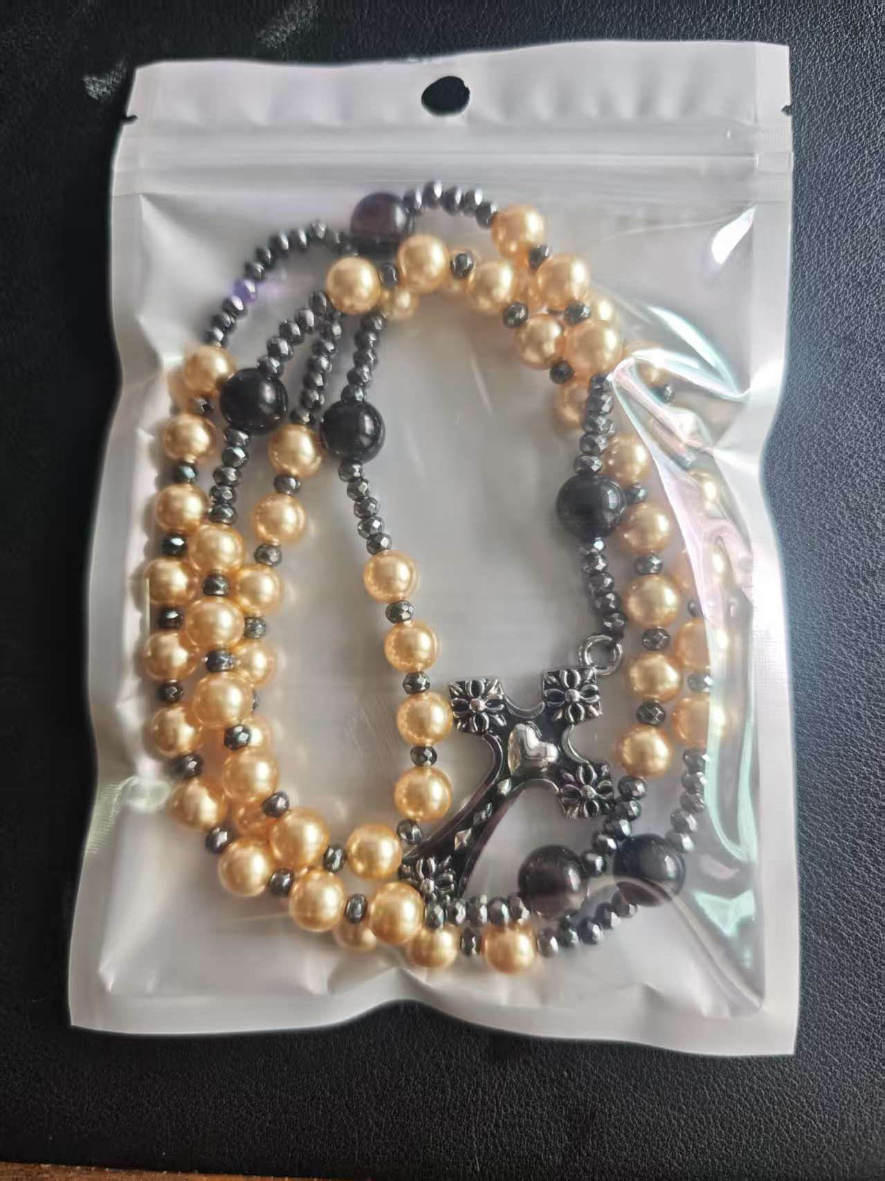 2022 verano nuevo transfronterizo negro natural cuentas redondas cadena larga negro Ball piedra Cruz Rosario collar de los hombres al por mayor