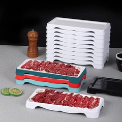Chaozhou-Shantou-style beef hot pot restaurant: Porcelain-look rectangular plates for hot pot dipping, serving as both hot pot and side dish platters—stackable melamine dinnerware.