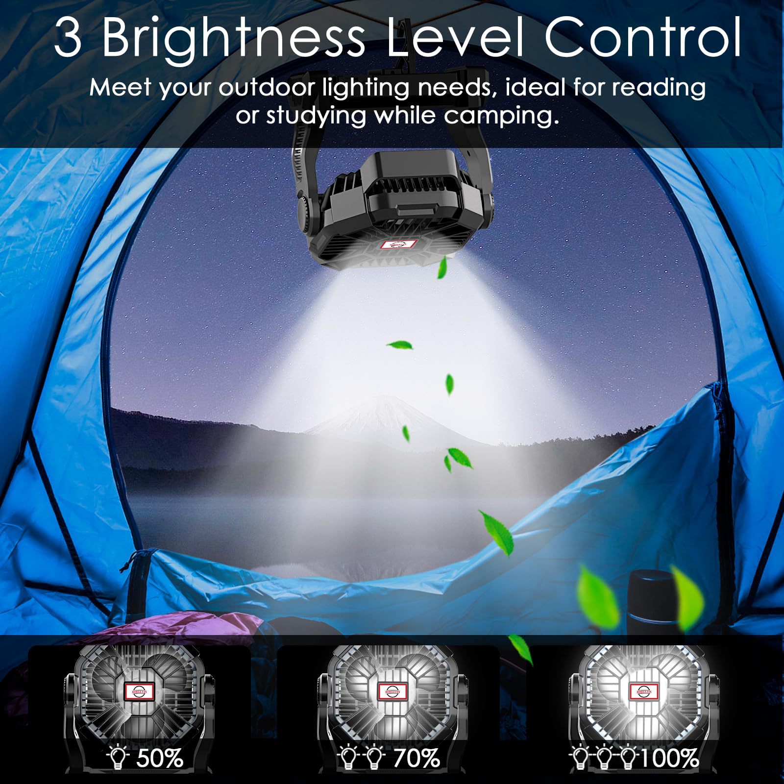 Ventilador para Tienda de Campaña USB Recargable con Luz LED y Gancho para Camping