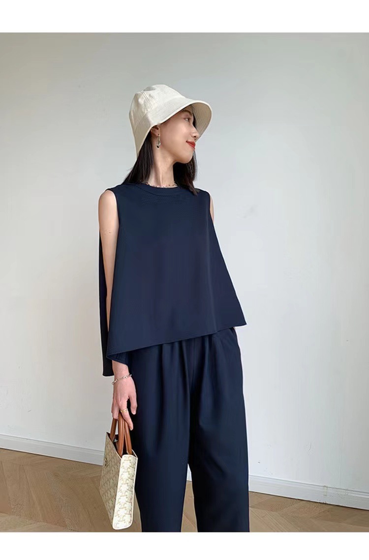 Bộ áo không tay phối quần ống rộng nữ phong cách trưởng thành mùa hè FL222202 — Màu xanh lam đậm, Màu trắng chi tiết 6