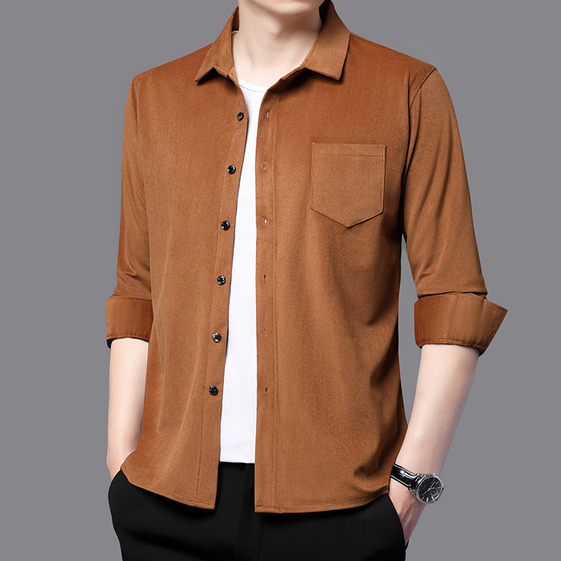 Middle-aged men's corduroy long-sleeve shirt, autumn loose-fit, wrinkle-free, solid color business casual shirt