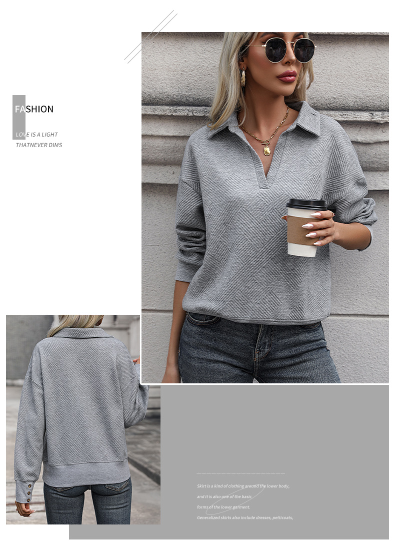 Sweat-shirt à revers d'automne pour femme, couleur unie, haut texturé, bouton décoré_voghion.com