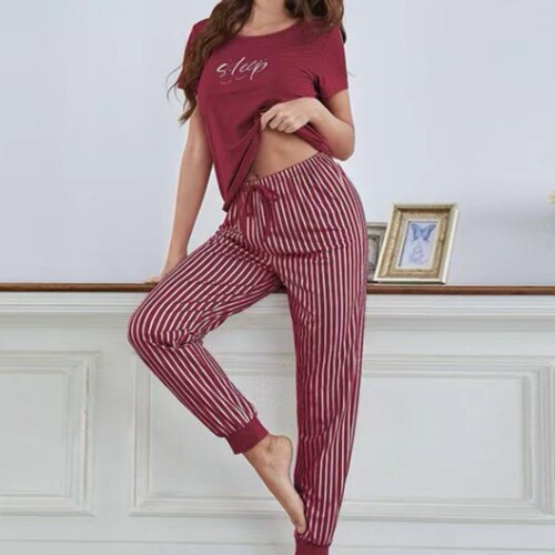 Two-Piece Short-Sleeve Legging Pajamas with Multicolor Print for Summer Women - Thin and Comfortable Home Wear