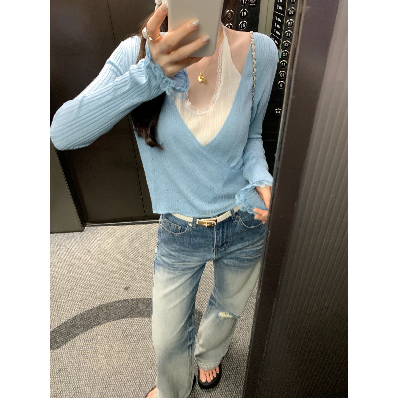 Special Wholesale Sweet and Fashionable Fake Two-Piece Lace Splicing Long-Sleeved Halterneck Wool Knitwear for Women Korean Style Slimming