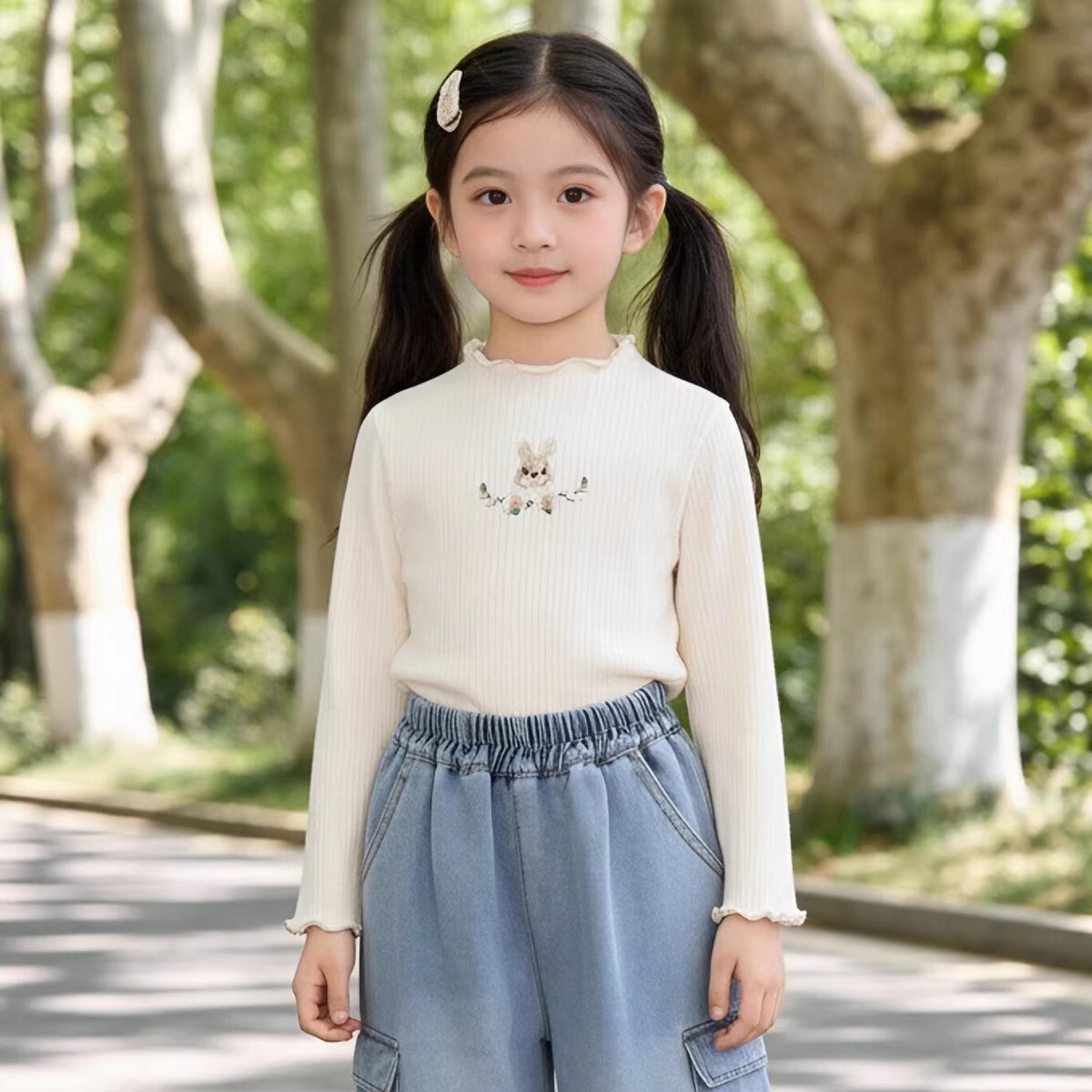 Camiseta de Manga Larga Elástica de Terciopelo Acanalado para Niñas MDD, Otoño 2023, Bordado de Conejito, Estilo Coreano, Ropa para el Festival del Medio Otoño
