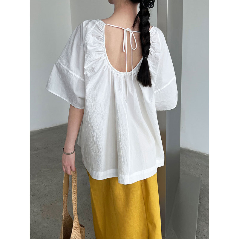 Ns Korean Style Backless Lace-Up Shirt for Women Summer New Niche Design Loose Short-Sleeved Top 3578