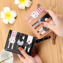 跨境爆款 短款钱包女款三折包可爱卡通三只猫简约拉链零钱包卡位