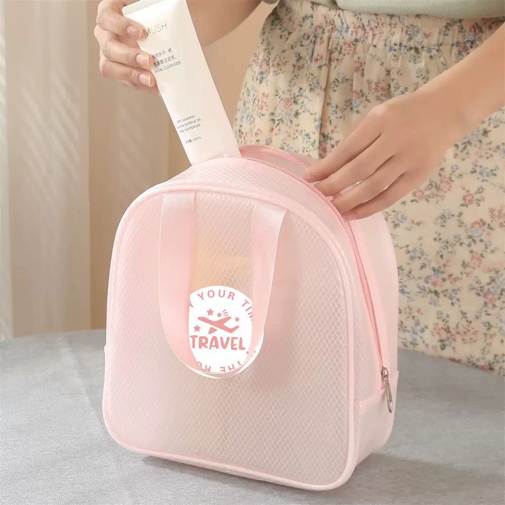 便携旅行化妆包夹网布洗漱包半透明防水收纳袋EVA手提干湿分离包