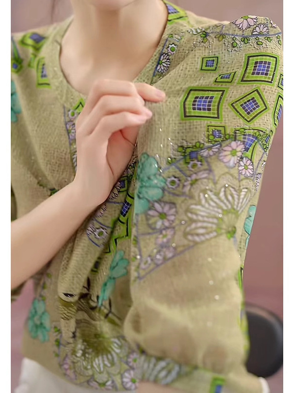 女士夏款七分袖衬衫女时尚复古印花小衫休闲套头洋气宽松显..|undefined